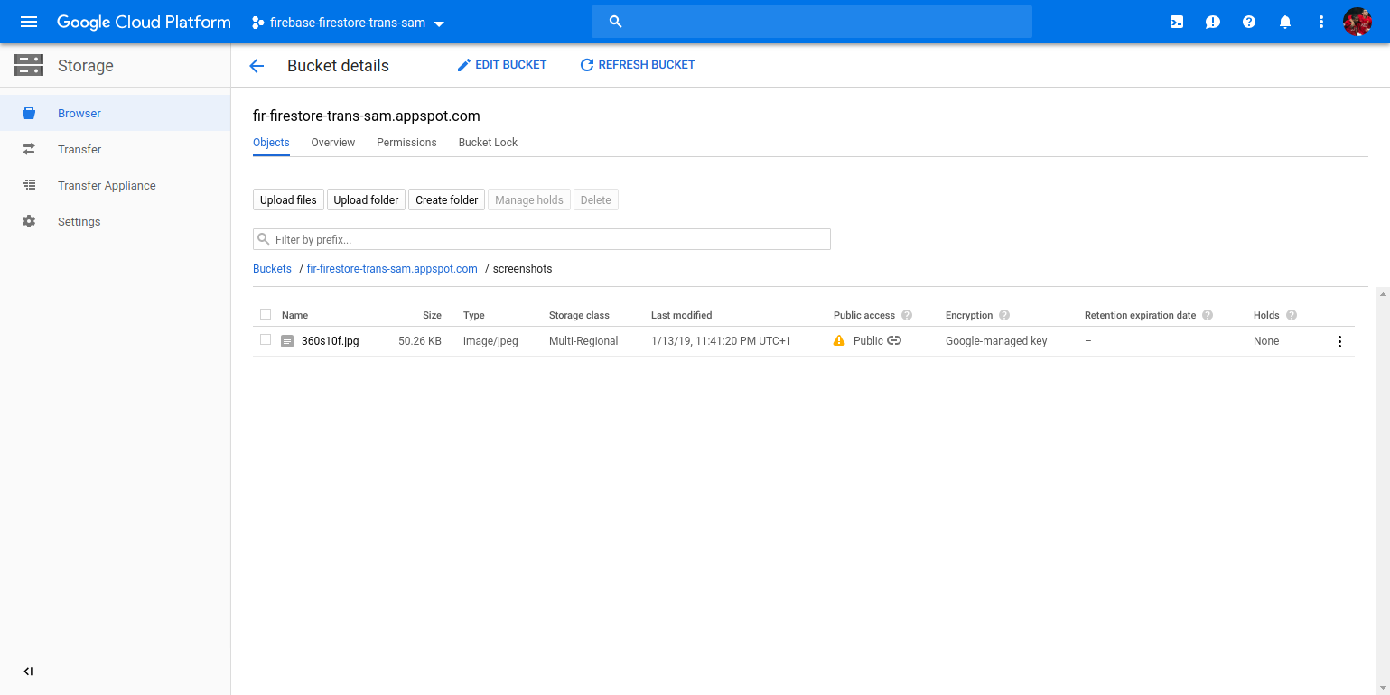 Las capturas de pantalla en mi bucket de Google Cloud Storage