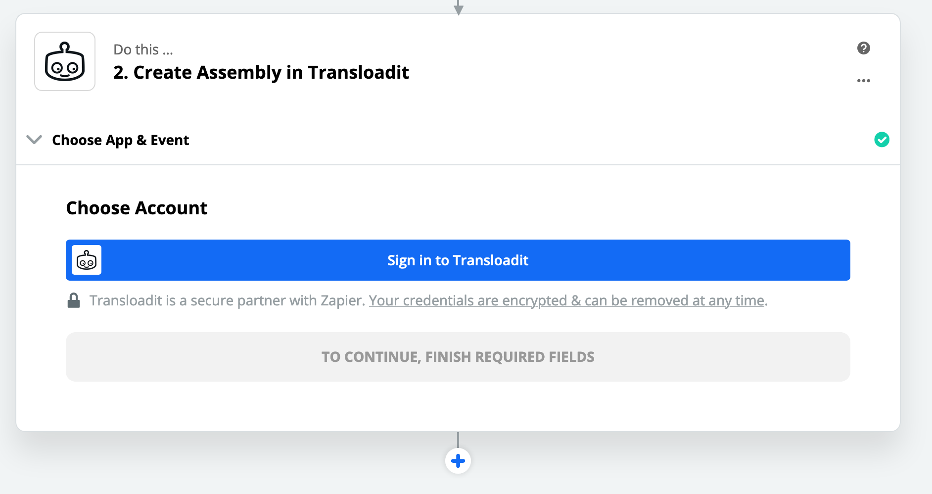Zapier showing the Sign in to Transloadit button