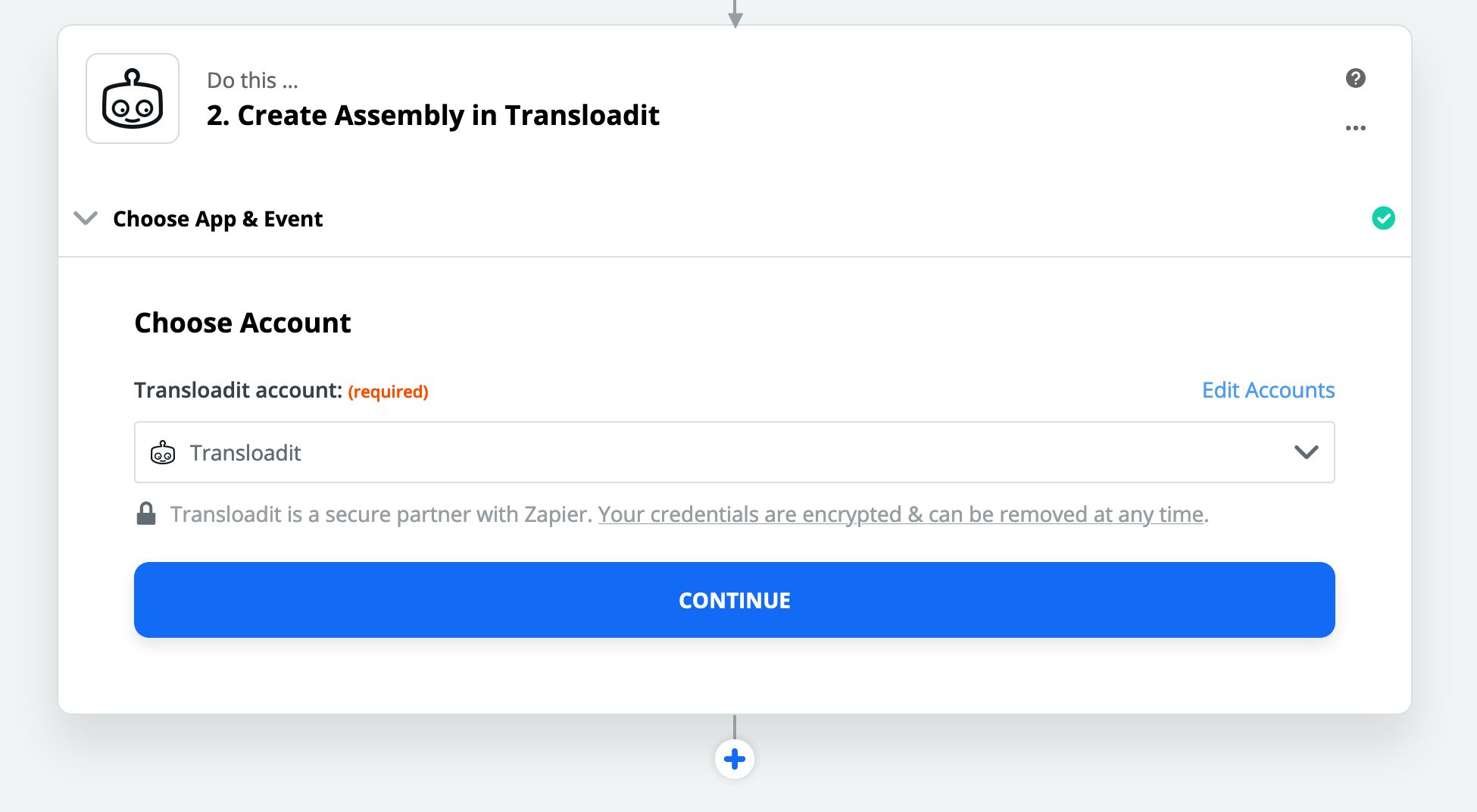 Zapier showing a selected Transloadit account connection