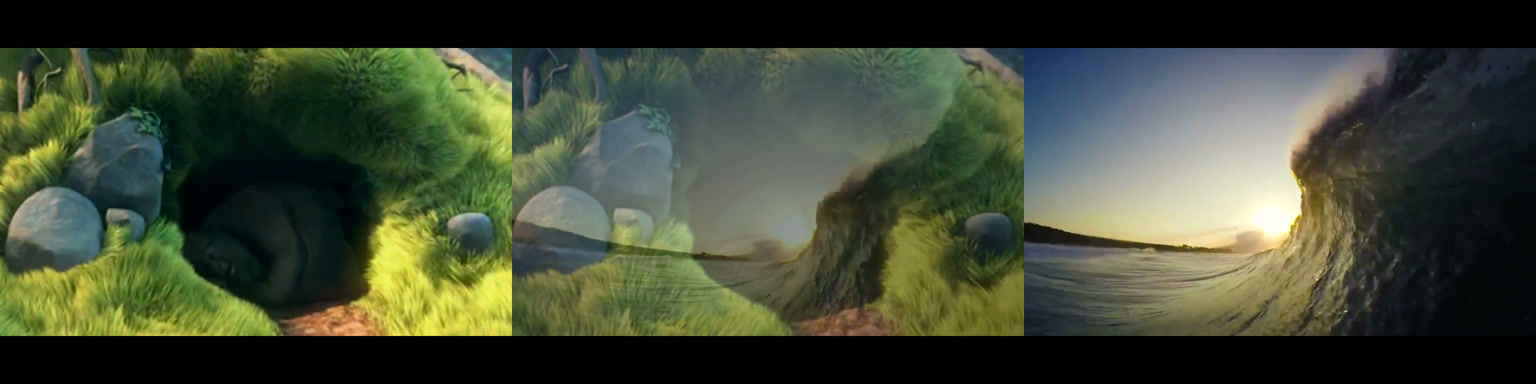 Three video frames side by side: a grassy scene from Big Buck Bunny, the same scene blended with an ocean wave halfway through the crossfade, and the wave on its own