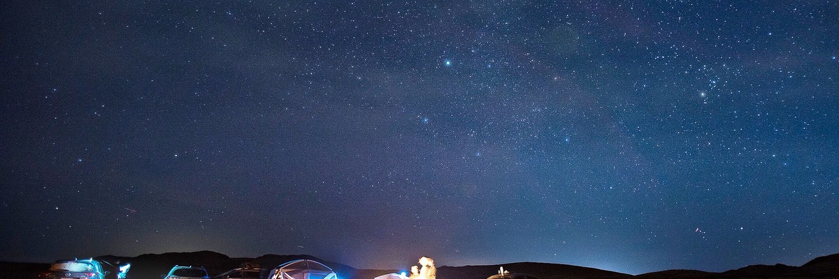 Zentrierter Zuschnitt des Wüstenfotos mit 1200×400, der vor allem Himmel zeigt und den Zeltplatz am unteren Rand abschneidet.