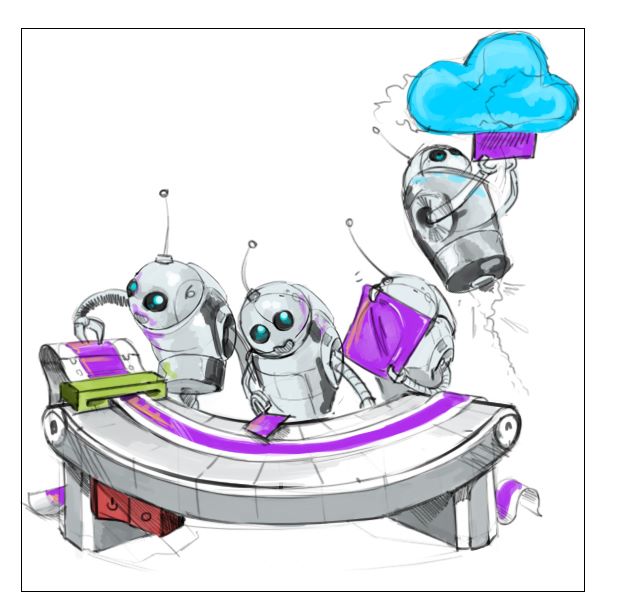 A more detailed sketch of robots working on a conveyor belt.