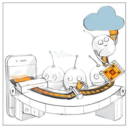 A sketch of friendly robots working on a conveyor belt.