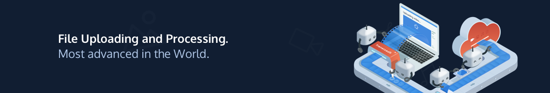 4 robots working to process a video on a conveyor belt with the test “File Uploading and Procesing. Most advanced in the World.”