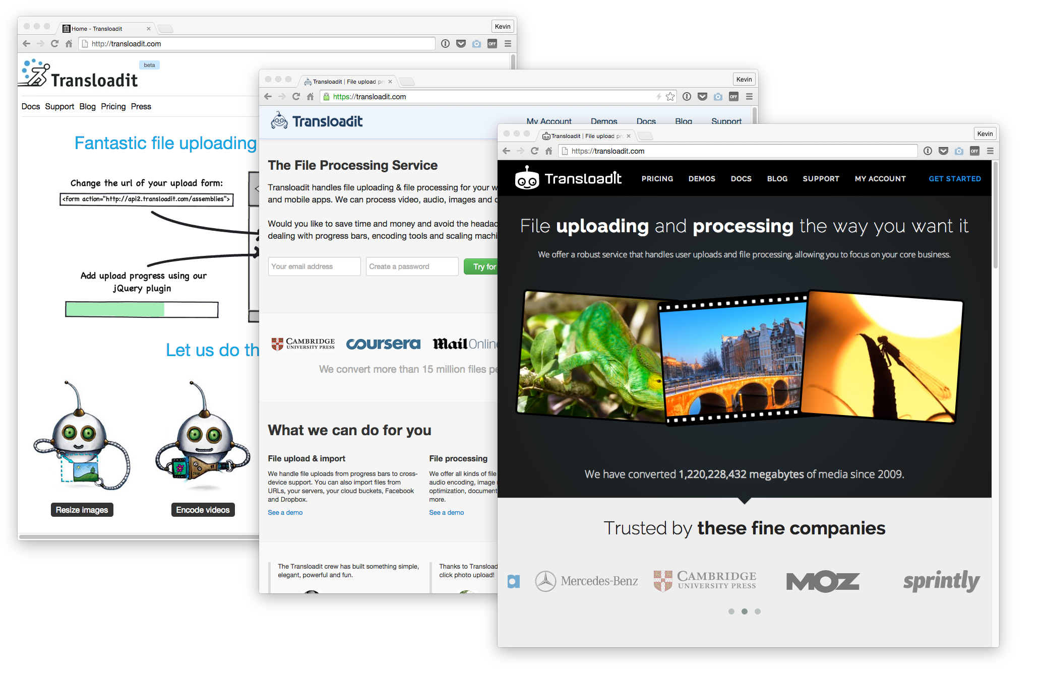 Transloadit website in 2009, 2012, 2015