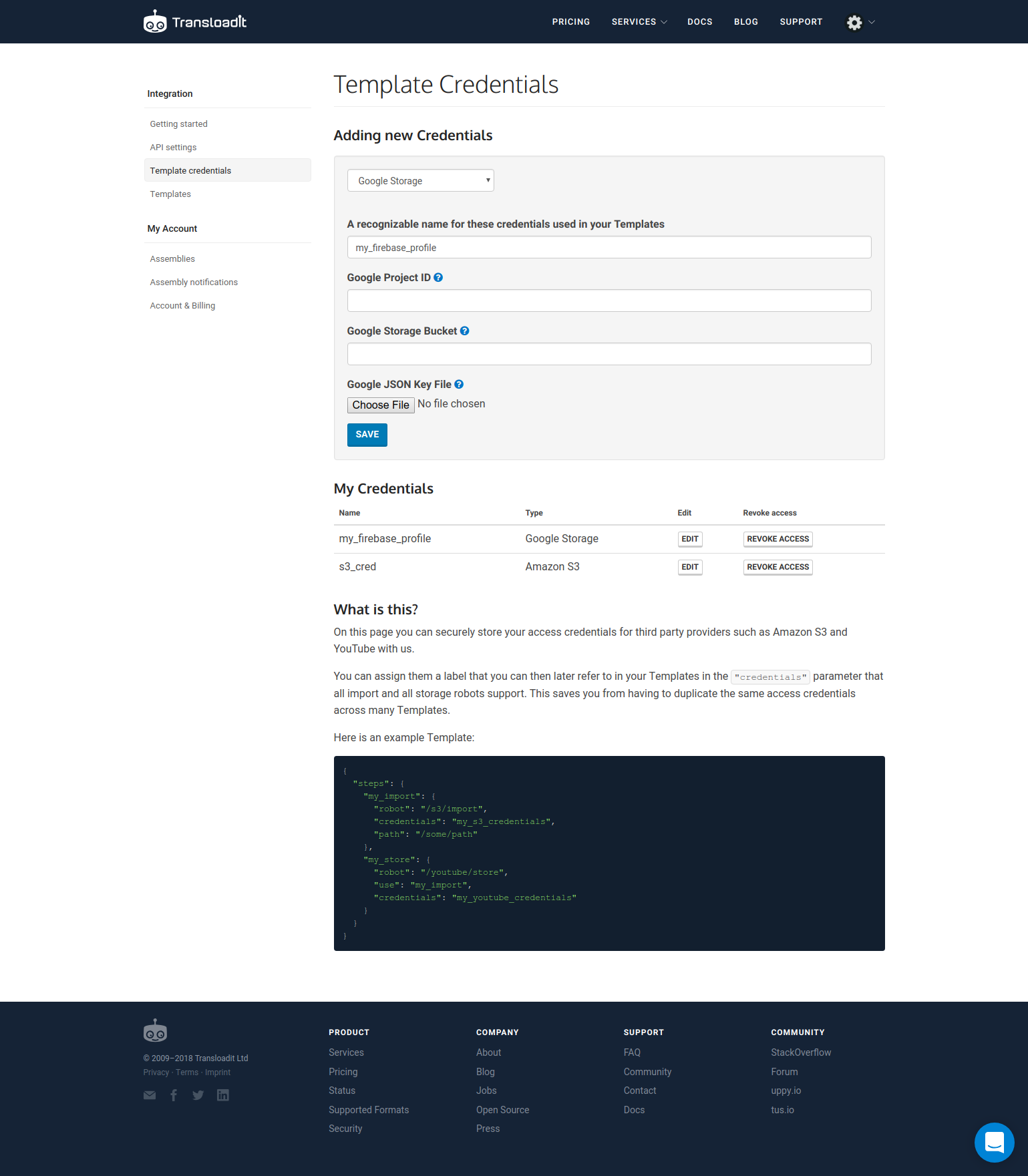 The Transloadit Template Credentials page, where a new Google Storage credential is being made.