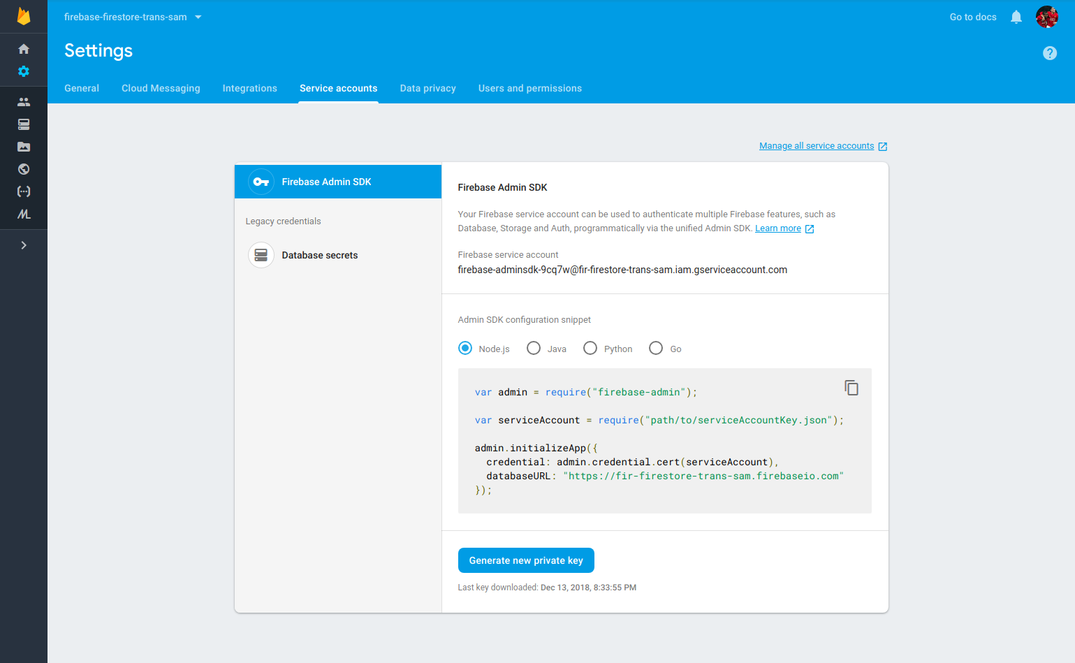 A screenshot of the Firebase settings page, on the Service accounts tab.