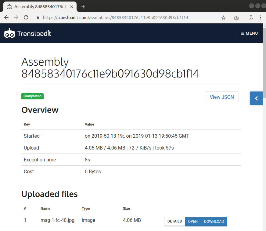 An Assembly showing a successful upload of the file