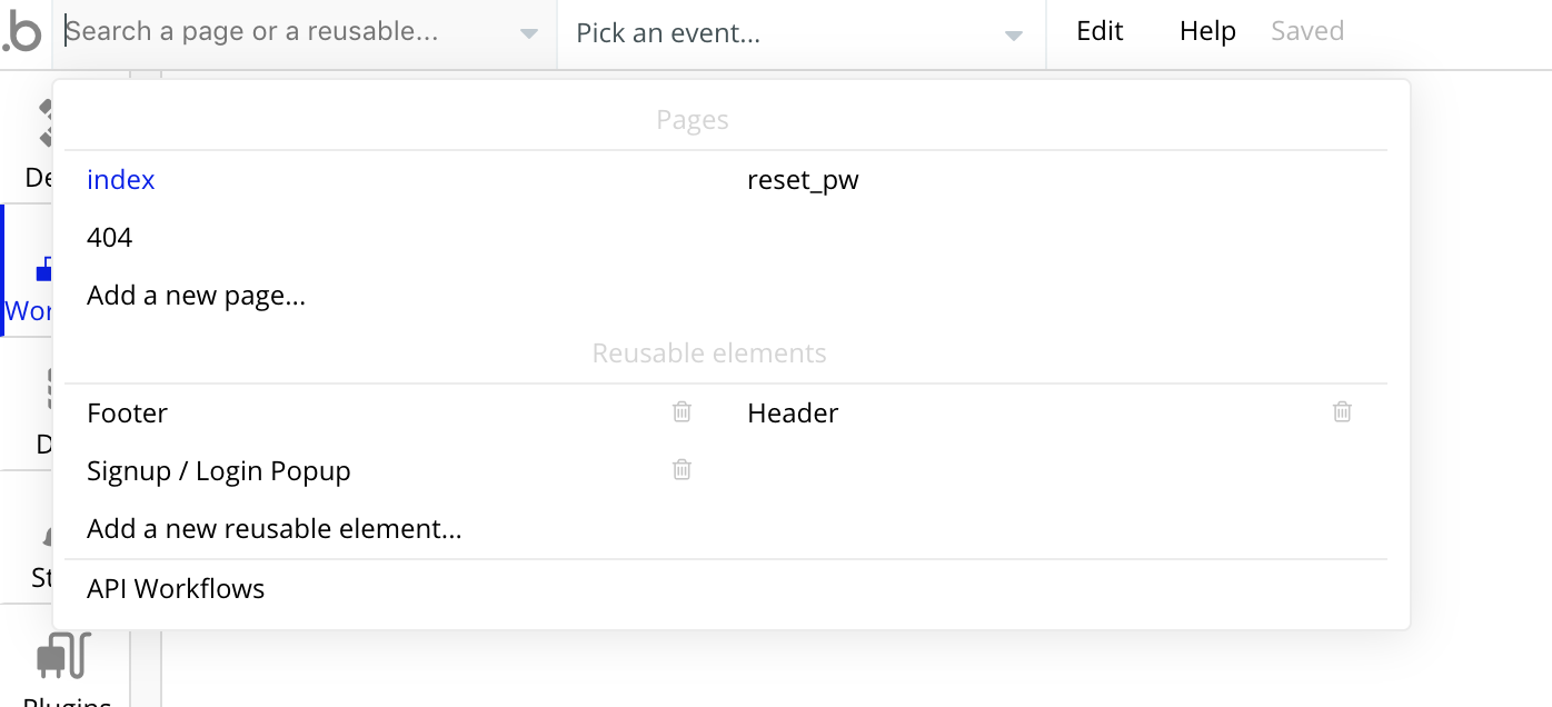 The API Workflows page on Bubble