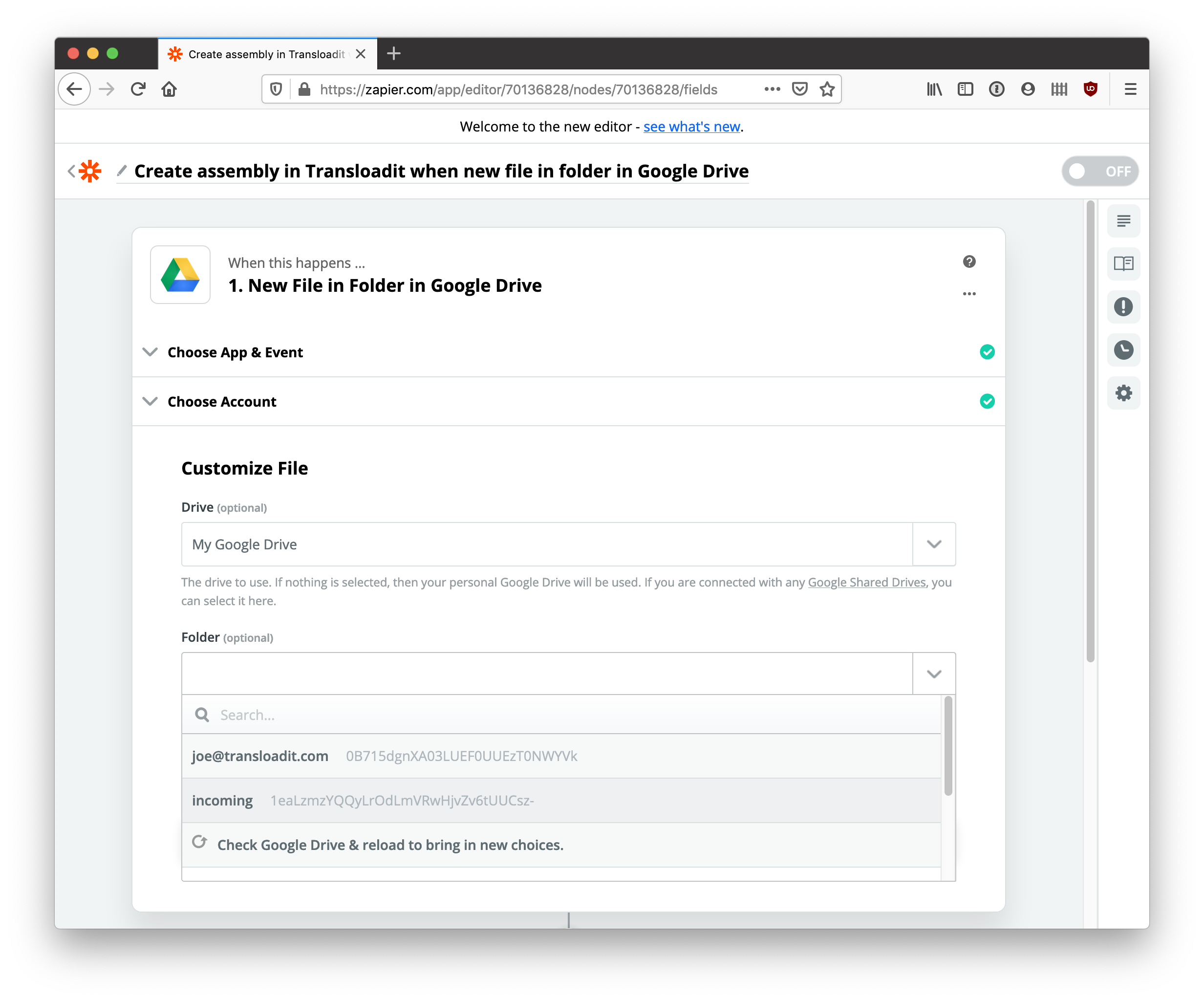 Configuring the action for the Zap to connect it with the right folder in the Google Drive