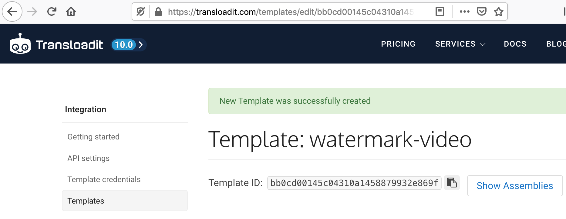 A pop up on the Template page saying 'New Template was sucessfully created'