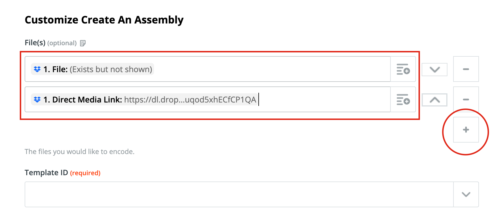 The same action with two files selected, and a red box around the file field and around the plus option - signfying the ability to upload multiple files