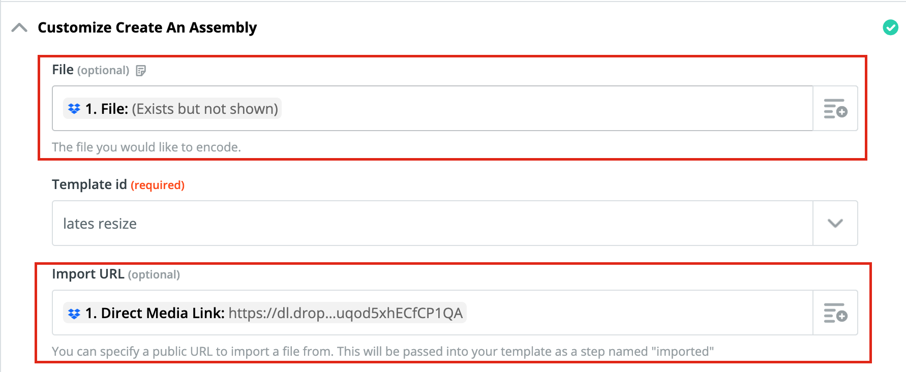 A Transloadit action on a zap with two red boxes around the 'File' and 'Import URL' fields