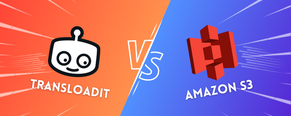 A fighting-game style versus banner with Transloadit on the left and Amazon S3 on the right.