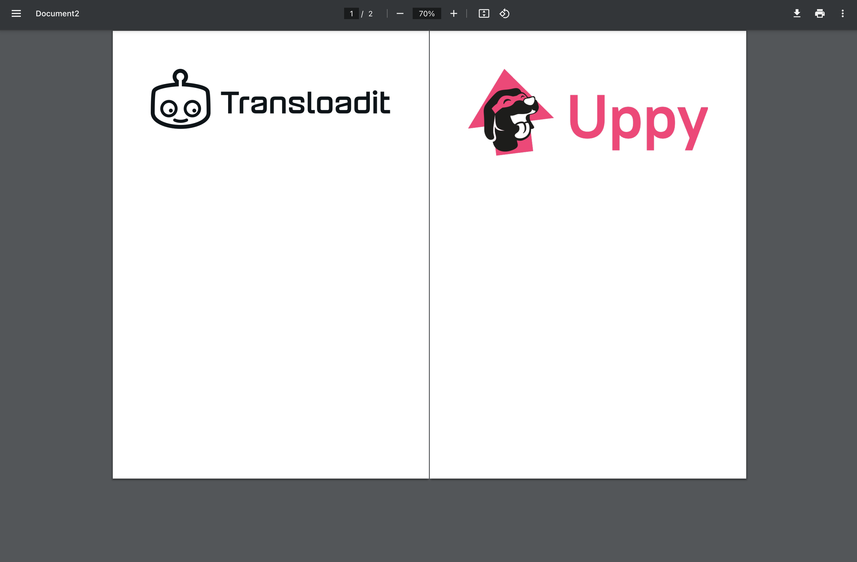 The open PDF showing two documents merged together, with Transloadit on the left page and Uppy on the right page.