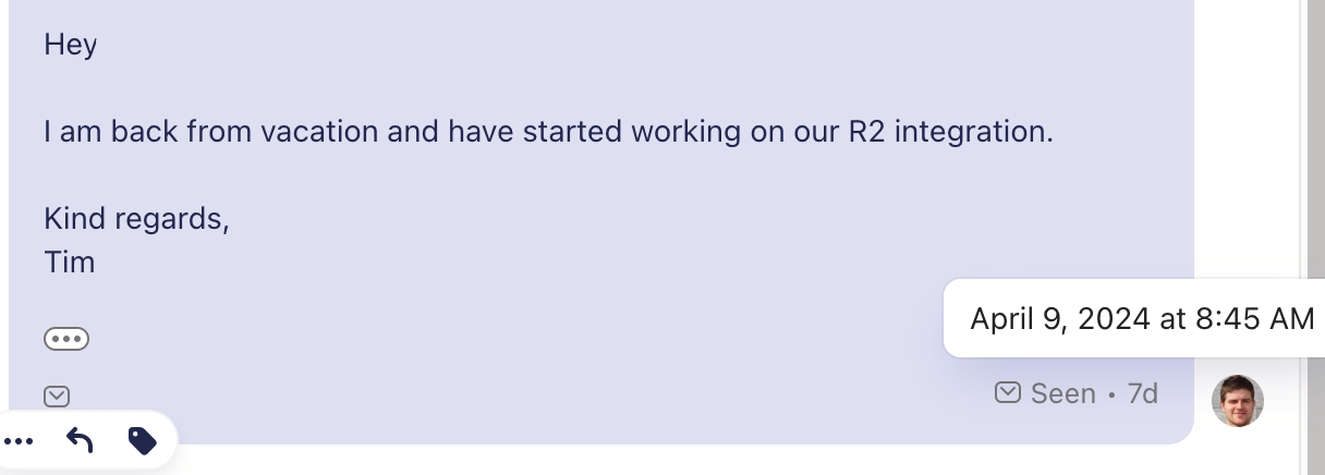 Our co-founder Tim's message letting the customer know that he started work on the Robot.