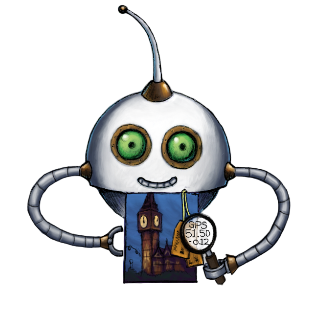 A drawing of the /output/meta Robot, with it using a magnifying glass to get metadata from the image it's holding.